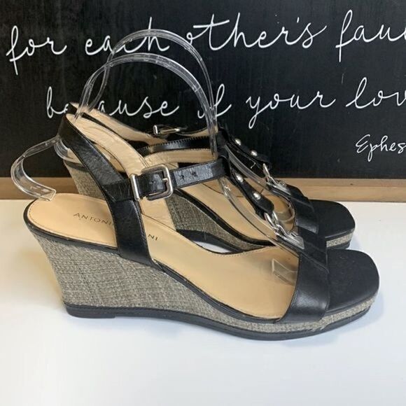 Antonio Melani Black Suede Slingback T-Strap Cork Wedge Heels - 10M - Picture 2 of 12